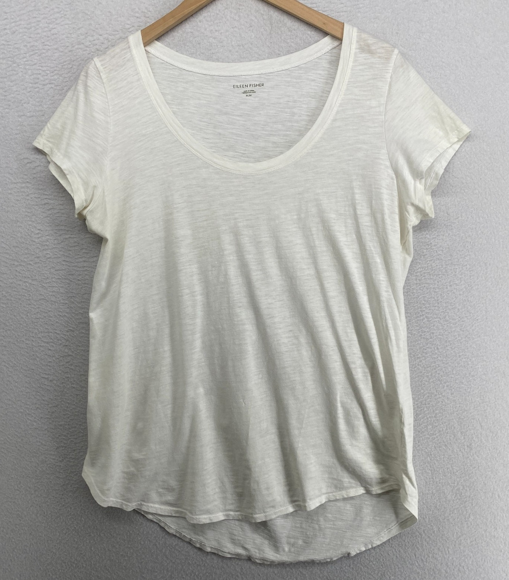 EILEEN FISHER Top M Slub Jersey Organic Cotton Scoop Neck Short Sleeve White